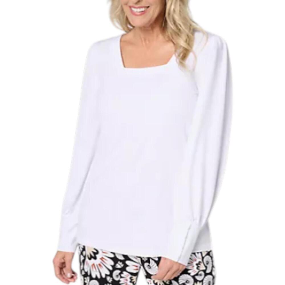Susan Graver Knit Blouson-Sleeve Top w Button Cuff Detail White - Regular